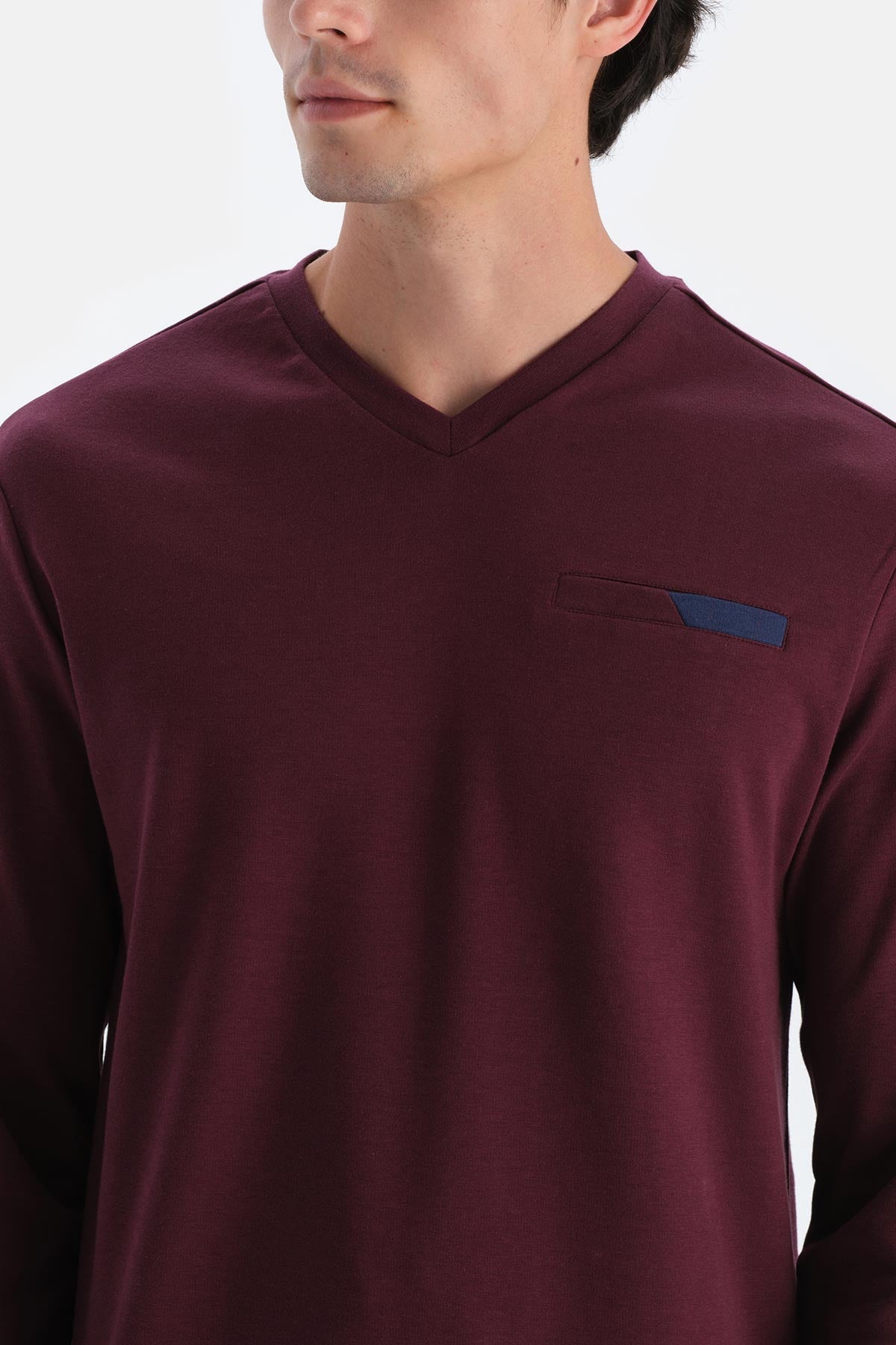 Bordo V Yaka Fleto Cepli Tişört Pantolon Pijama Takımı