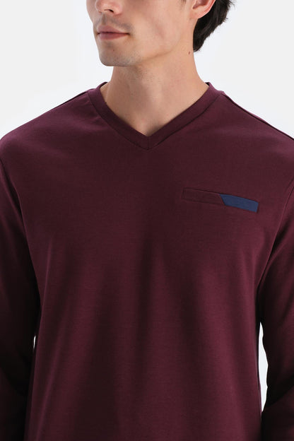 Bordo V Yaka Fleto Cepli Tişört Pantolon Pijama Takımı