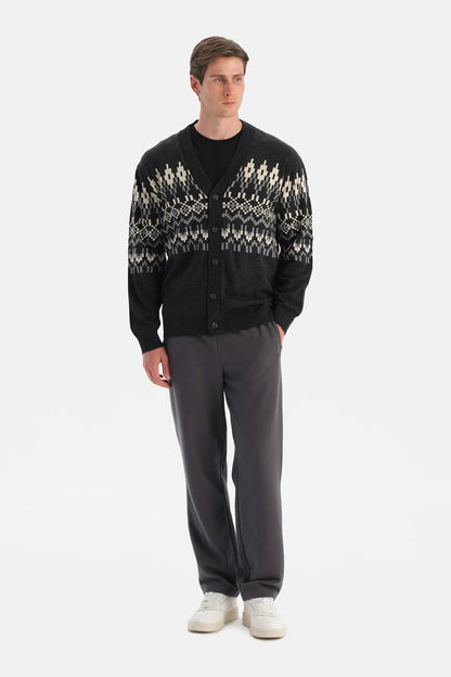 Antrasıt Erkek Yılbaşı Desenli Triko Hırka