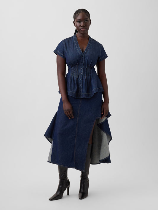 Koyu Mavi Gap × Hfr Fırfırlı Denim Midi Etek By Igdalyah