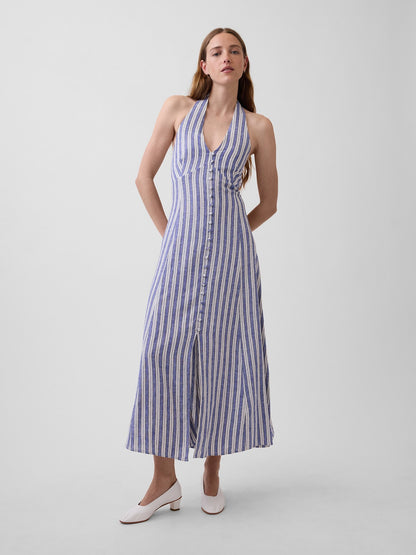 Mavi Keten Karışımlı Halter Maxi Elbise
