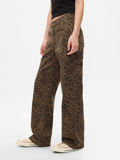 Kahverengi Mid Rise '90s Loose Leopar Desenli Kargo Jean Pantolon