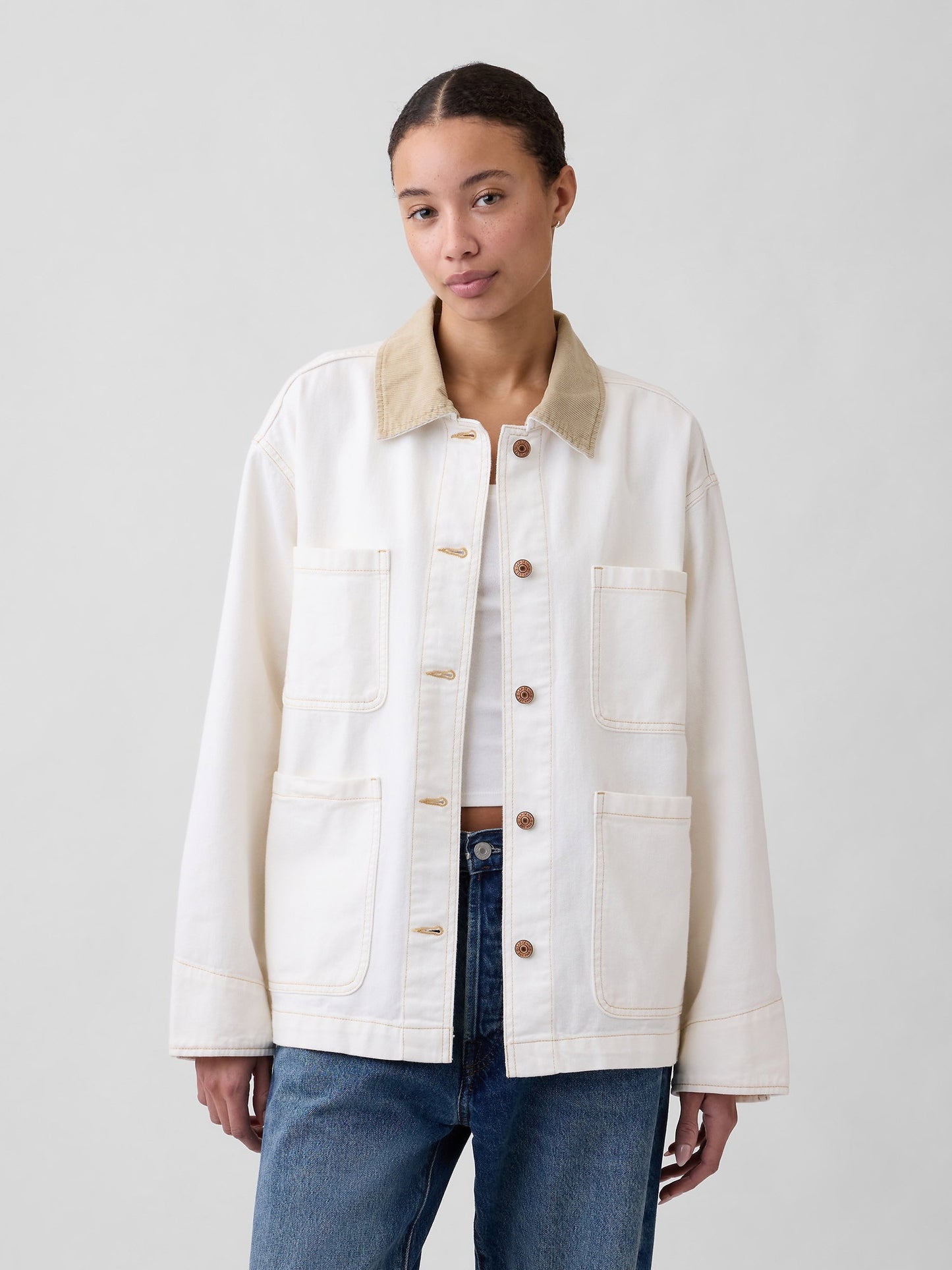 Beyaz Relaxed Denim Chore Ceket