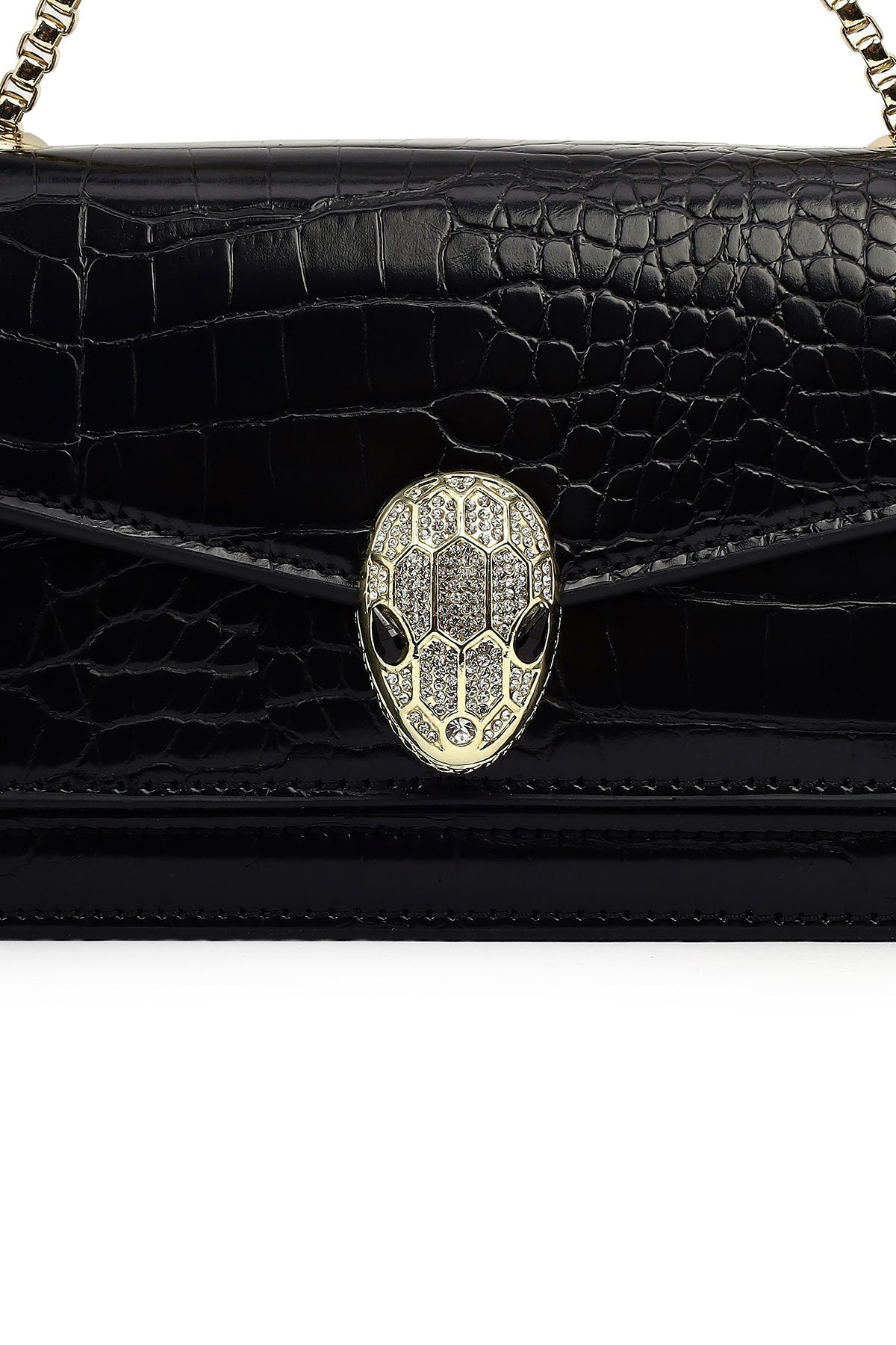 Kadın Siyah Uzun Zincir Askılı Rugan Mini Klasik Abiye Omuz Çantası