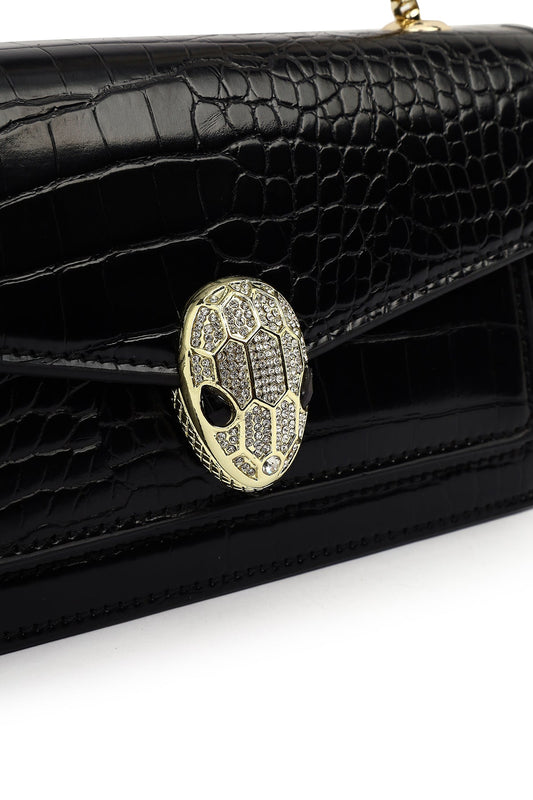 Kadın Siyah Uzun Zincir Askılı Rugan Mini Klasik Abiye Omuz Çantası