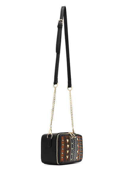Kadın Siyah Uzun Askılı Baskılı Çapraz Çanta