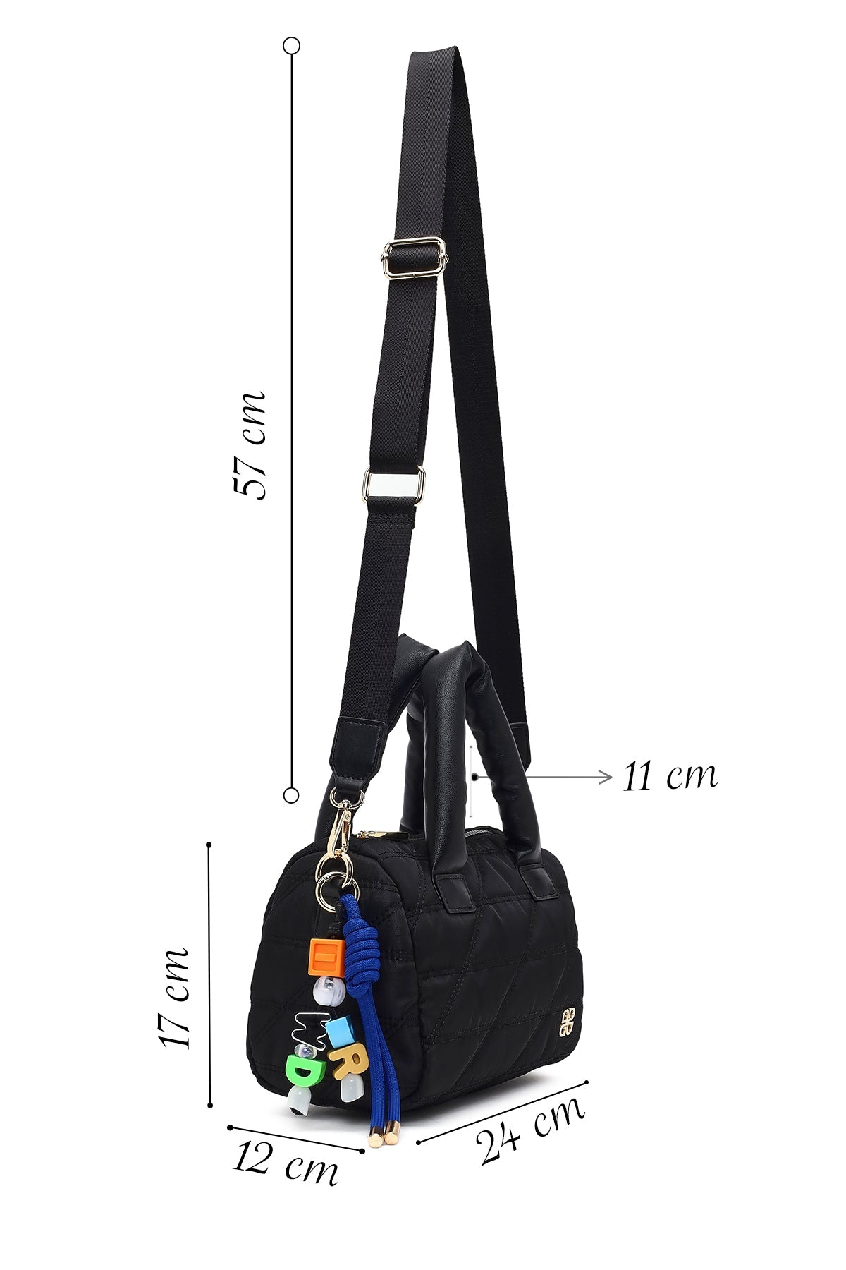 Kadın Siyah Uzun Askılı Charmlı Kumaş Kol Çantası