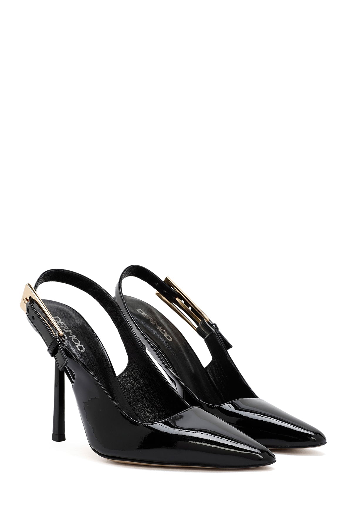 Kadın Siyah Arkası Açık Yüksek Ince Topuklu Rugan Deri Ayakkabı