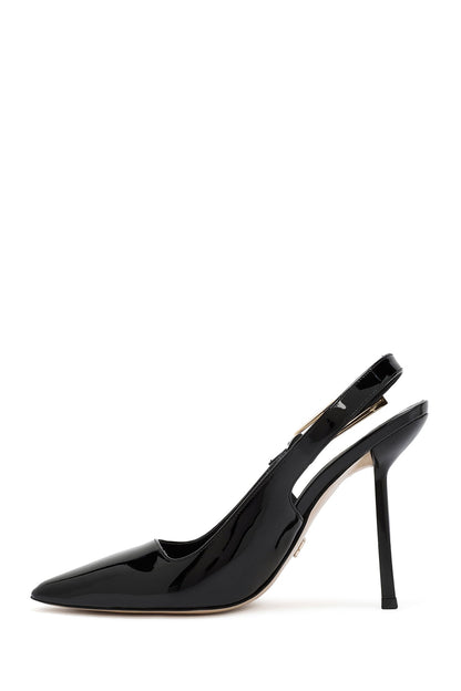 Kadın Siyah Arkası Açık Yüksek Ince Topuklu Rugan Deri Ayakkabı