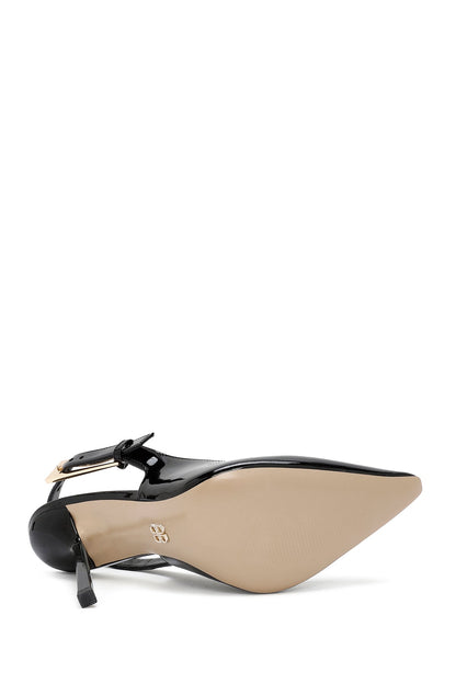 Kadın Siyah Arkası Açık Yüksek Ince Topuklu Rugan Deri Ayakkabı