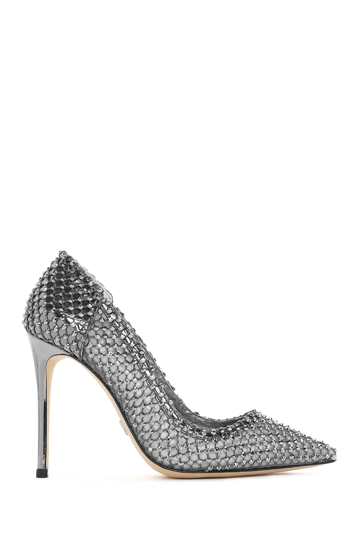 Kadın Gümüş Taşlı Yüksek Ince Topuklu Deri Stiletto