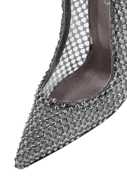 Kadın Gümüş Taşlı Yüksek Ince Topuklu Deri Stiletto
