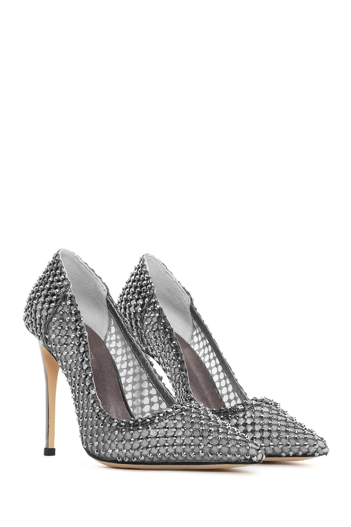 Kadın Gümüş Taşlı Yüksek Ince Topuklu Deri Stiletto