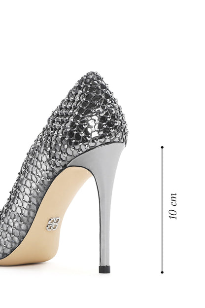 Kadın Gümüş Taşlı Yüksek Ince Topuklu Deri Stiletto