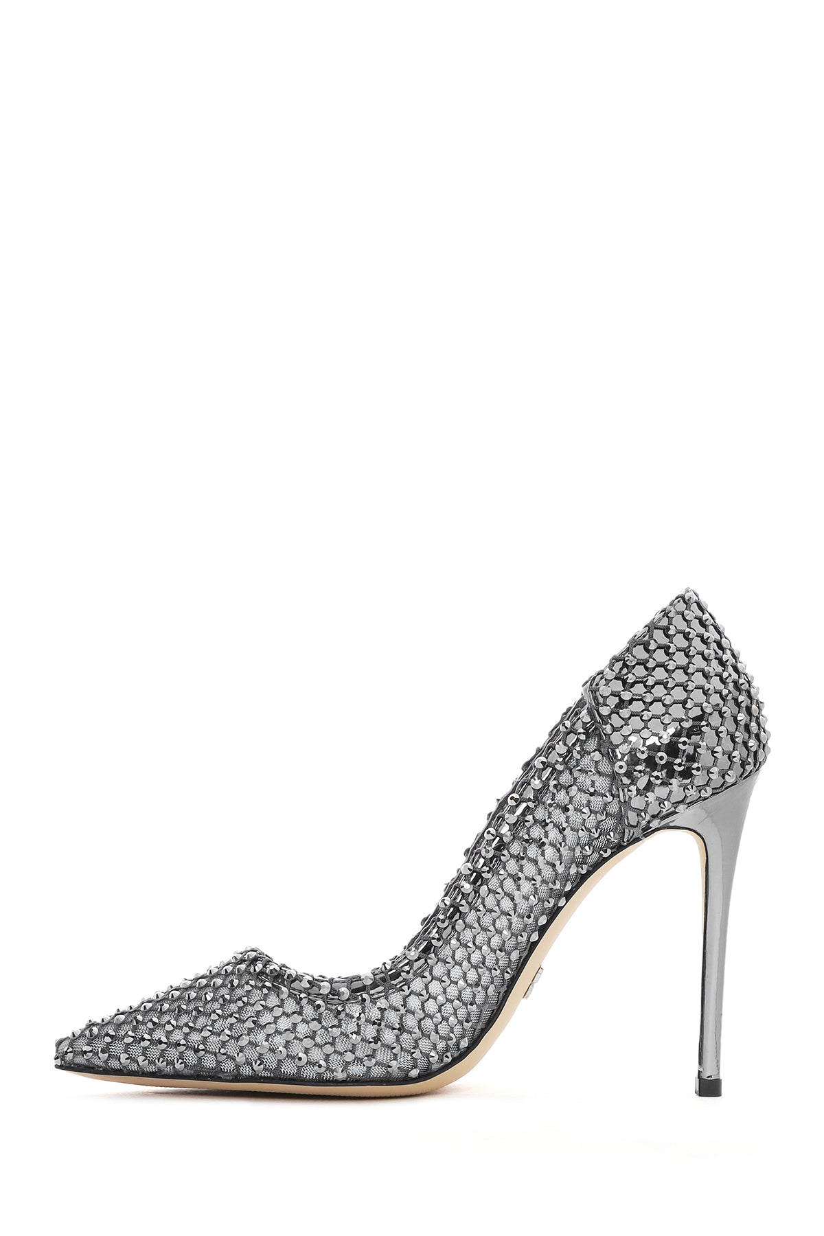 Kadın Gümüş Taşlı Yüksek Ince Topuklu Deri Stiletto