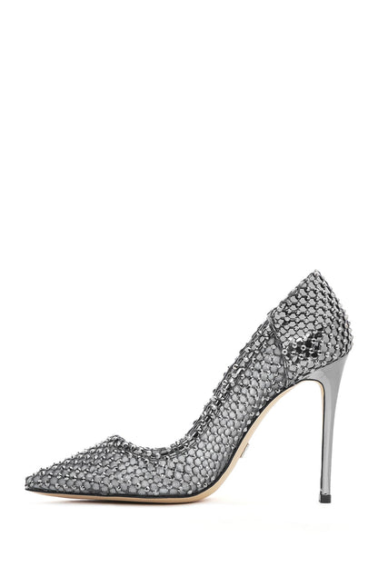 Kadın Gümüş Taşlı Yüksek Ince Topuklu Deri Stiletto