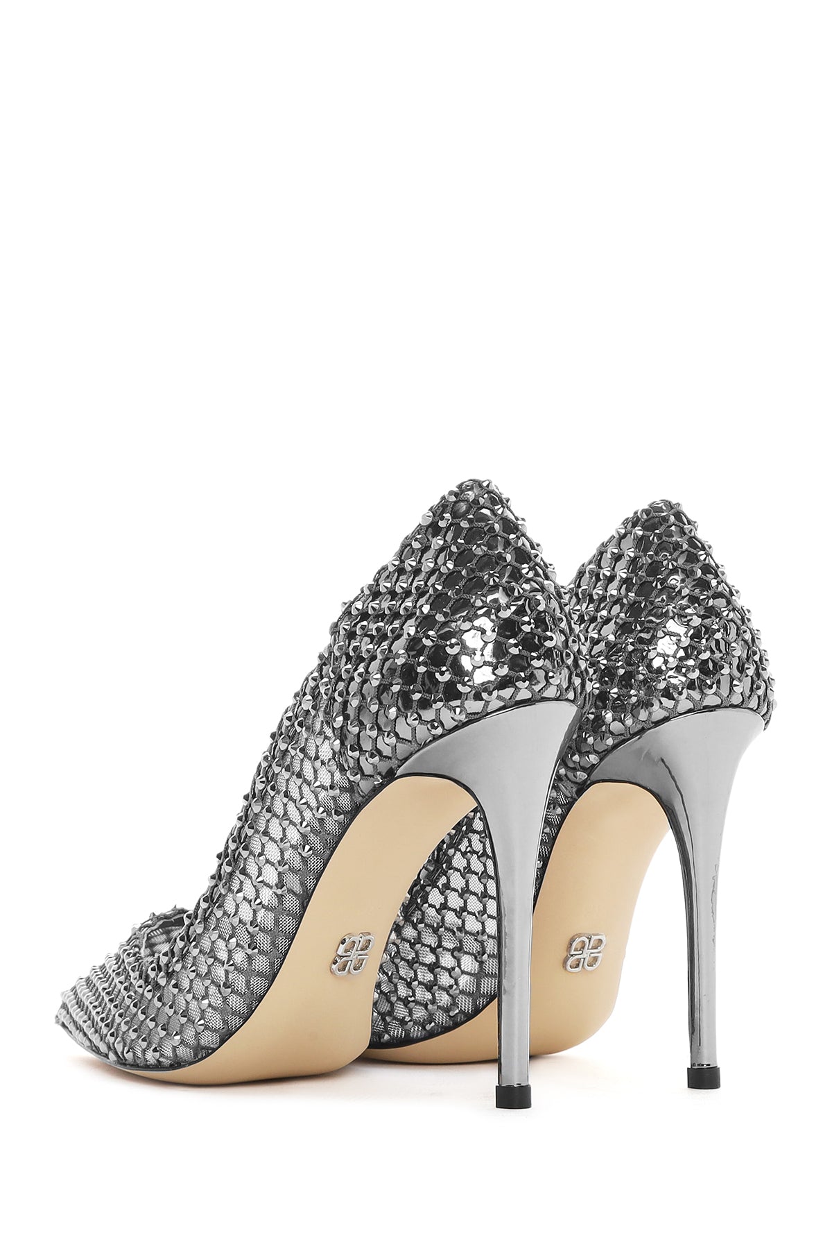 Kadın Gümüş Taşlı Yüksek Ince Topuklu Deri Stiletto