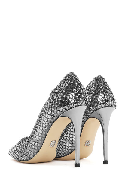 Kadın Gümüş Taşlı Yüksek Ince Topuklu Deri Stiletto