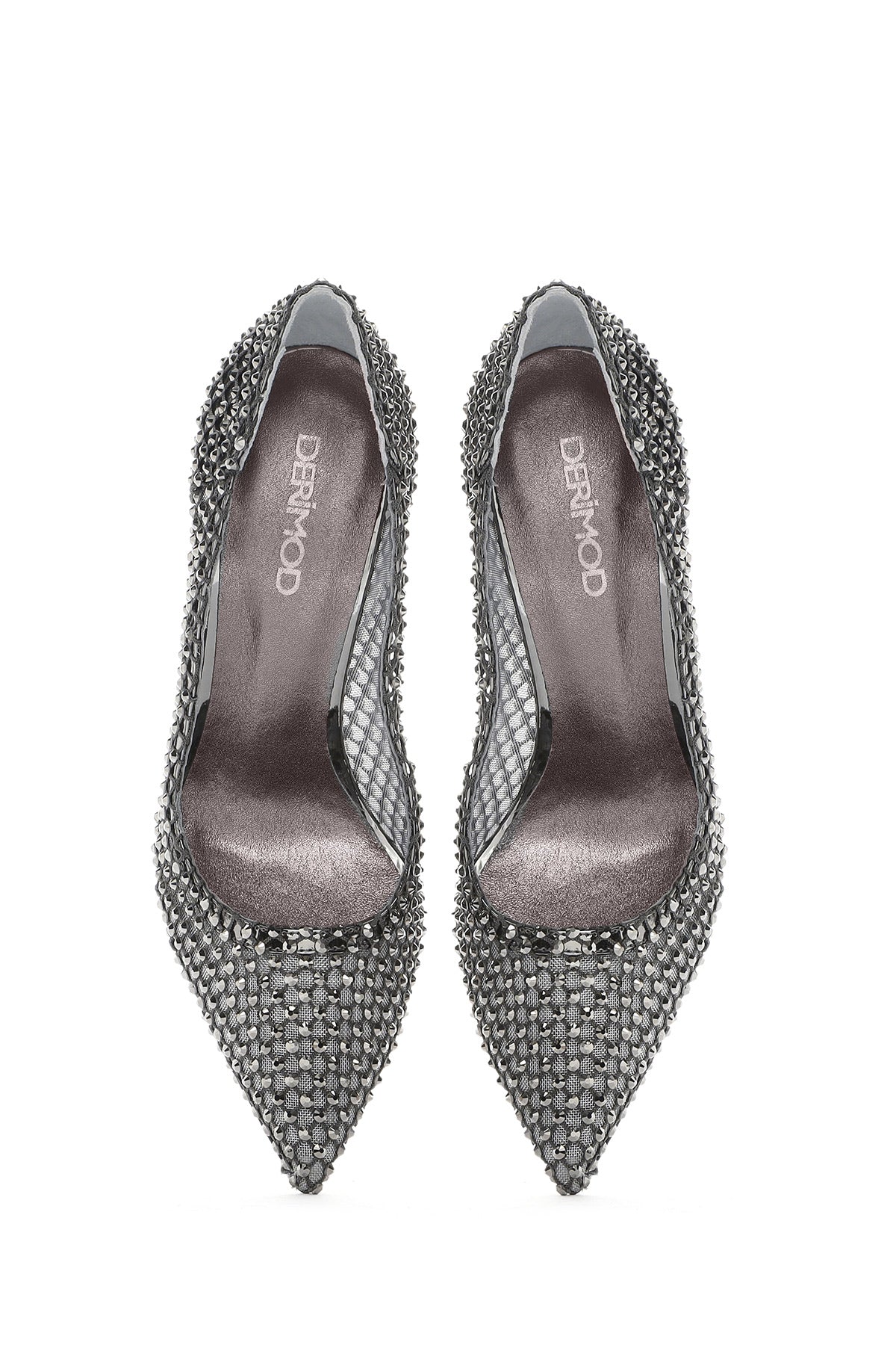 Kadın Gümüş Taşlı Yüksek Ince Topuklu Deri Stiletto