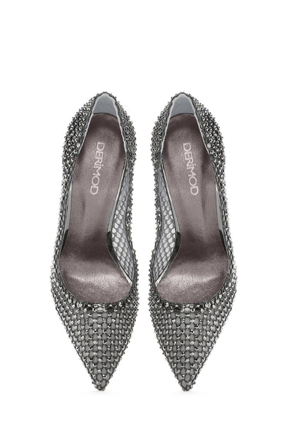 Kadın Gümüş Taşlı Yüksek Ince Topuklu Deri Stiletto