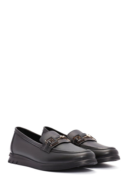 Kadın Siyah Toka Detaylı Deri Comfort Loafer