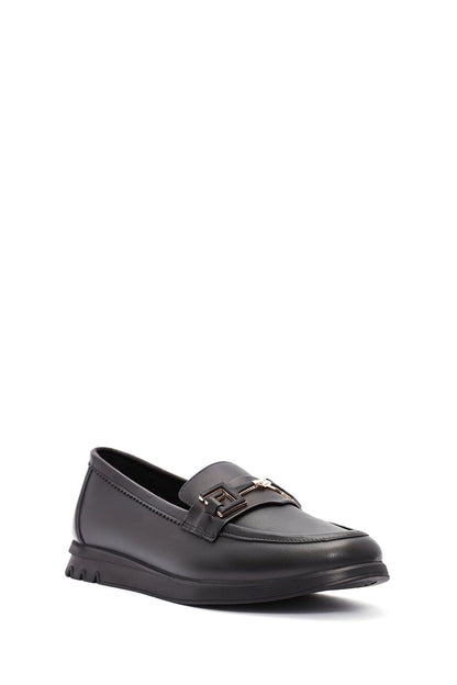 Kadın Siyah Toka Detaylı Deri Comfort Loafer