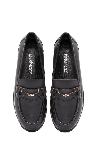 Kadın Siyah Toka Detaylı Deri Comfort Loafer