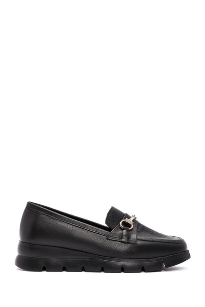 Kadın Siyah Toka Detaylı Deri Comfort Loafer