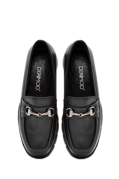 Kadın Siyah Toka Detaylı Deri Comfort Loafer