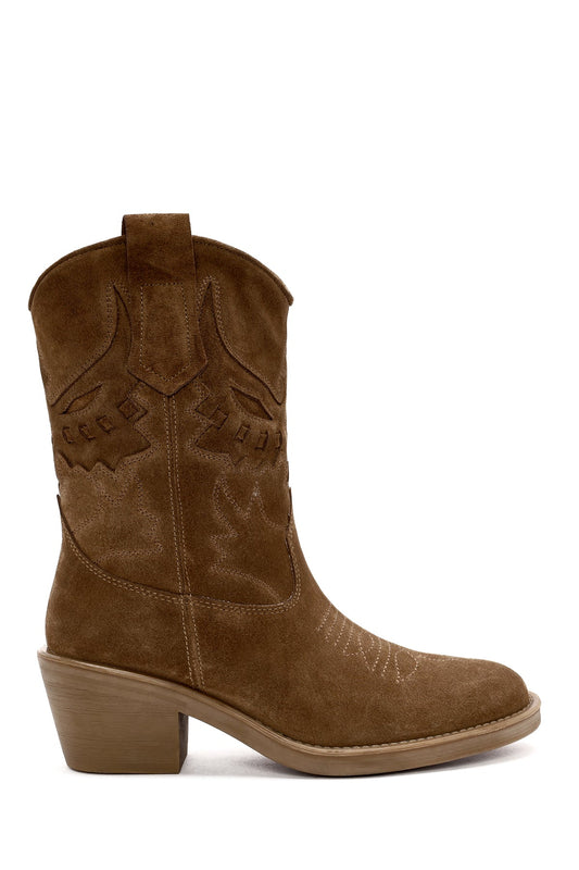 Kadın Vizon Kısa Kalın Topuklu Süet Deri Kovboy Bot