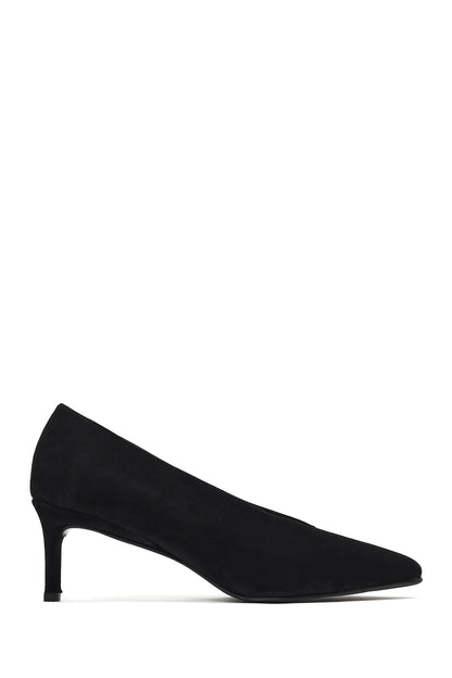 Kadın Siyah Kısa Ince Topuklu Süet Deri Stiletto