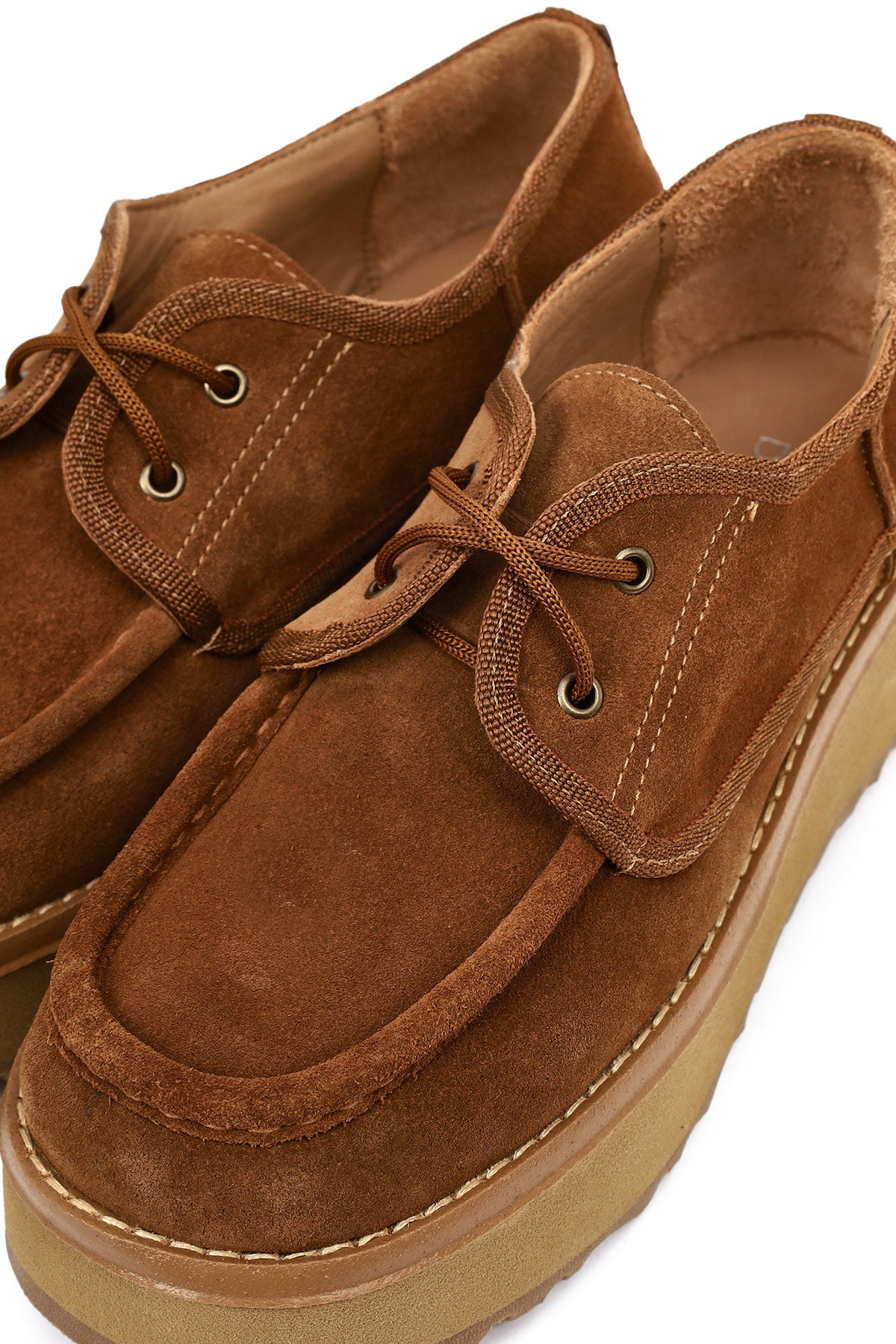 Kadın Bej Kalın Tabanlı Bağcıklı Süet Deri Teddy Casual Ayakkabı