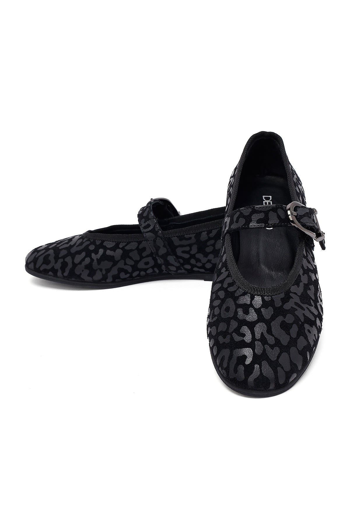Kadın Siyah Leopar Desenli Tokalı Süet Deri Babet