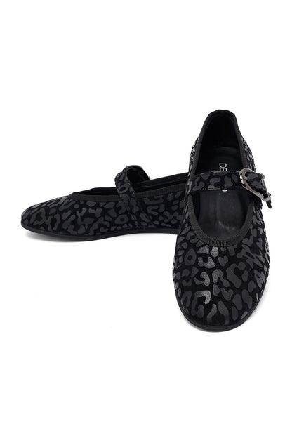 Kadın Siyah Leopar Desenli Tokalı Süet Deri Babet