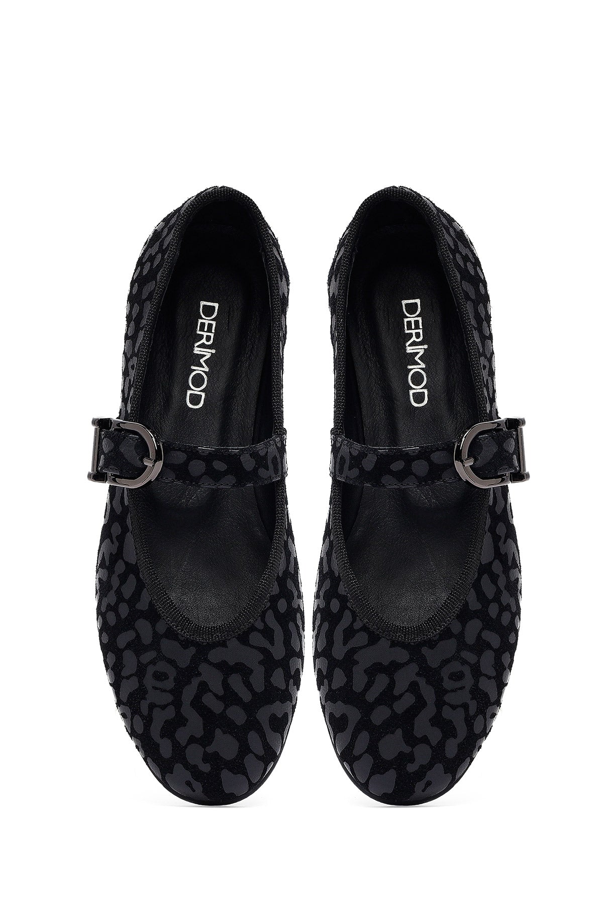 Kadın Siyah Leopar Desenli Tokalı Süet Deri Babet