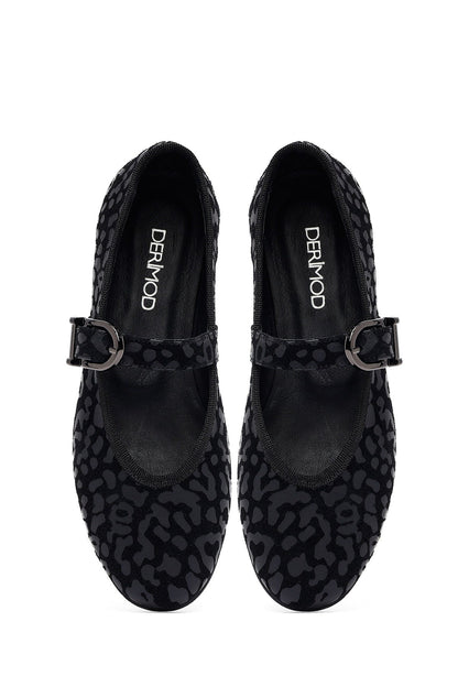 Kadın Siyah Leopar Desenli Tokalı Süet Deri Babet