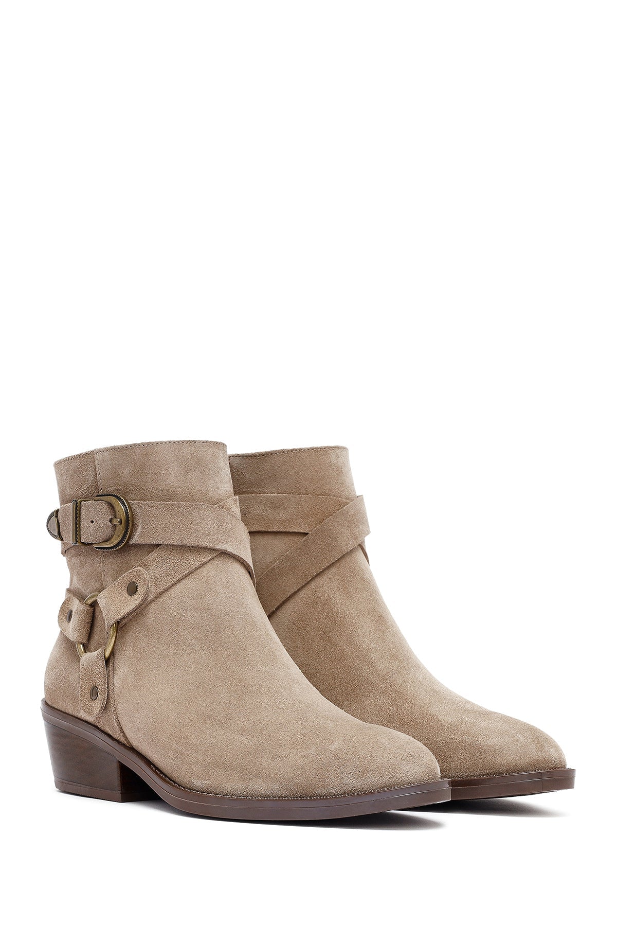 Kadın Bej Fermuarlı Süet Deri Kovboy Bot