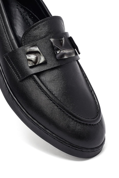 Kadın Siyah Tokalı Deri Loafer