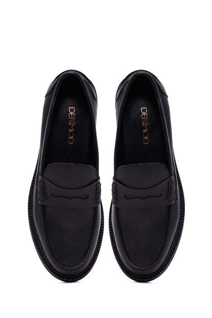 Kadın Siyah Deri Maskülen Loafer
