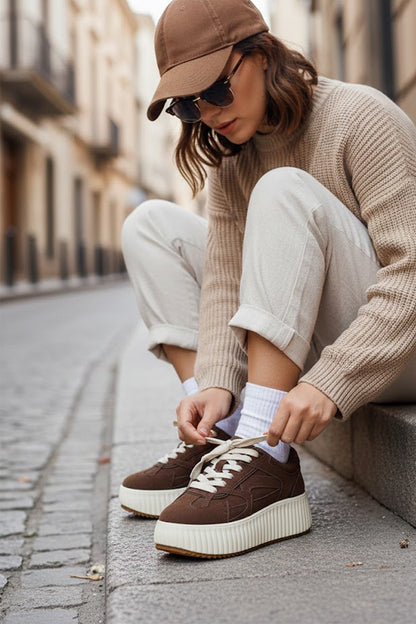 Kadın Kahverengi Bağcıklı Kalın Tabanlı Süet Sneaker