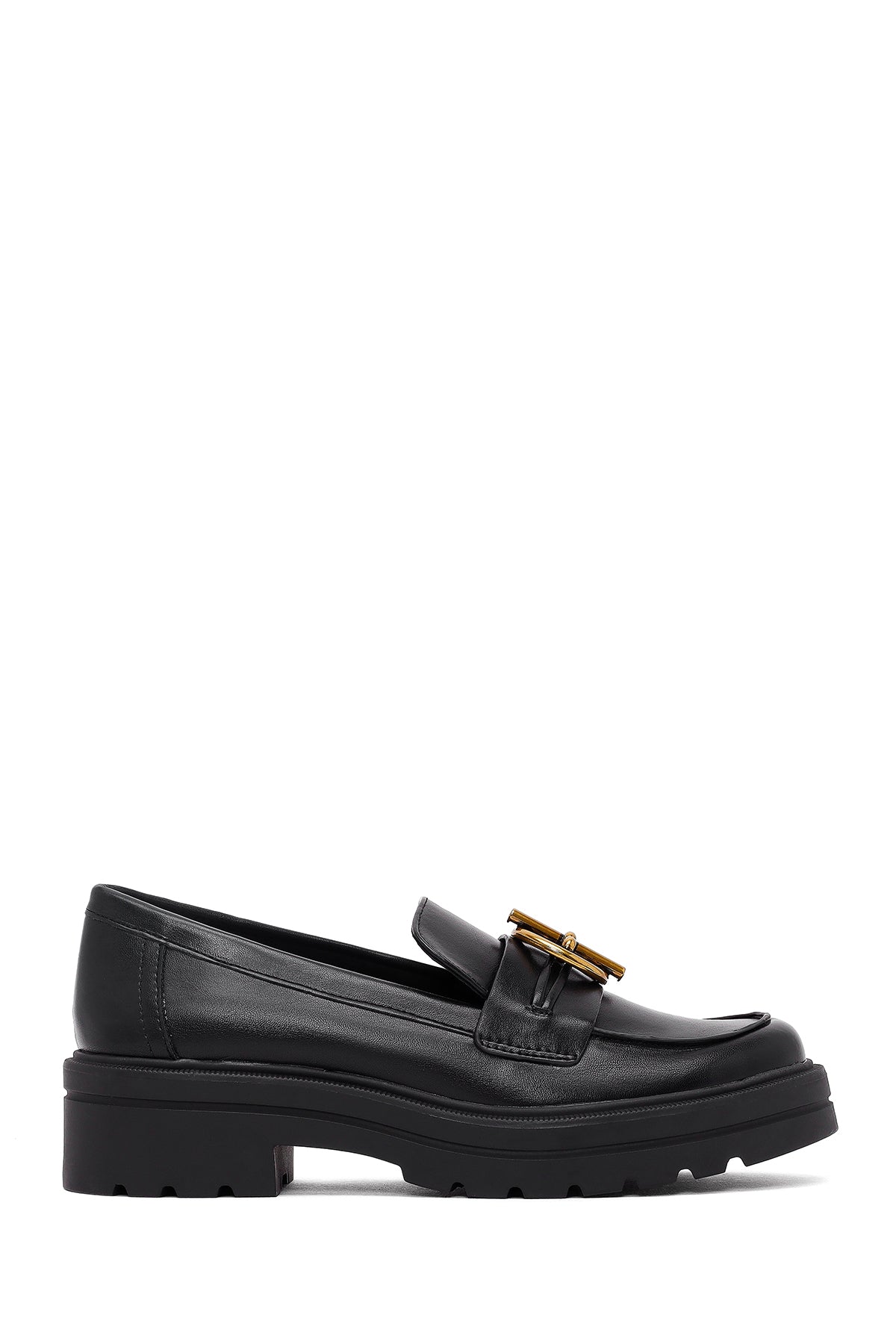 Kadın Siyah Tokalı Kalın Tabanlı Maskülen Loafer