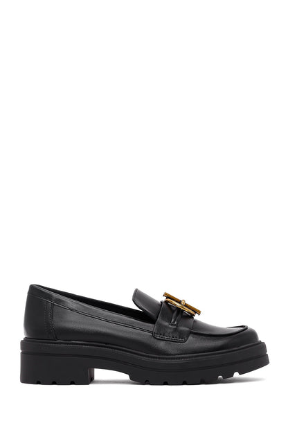 Kadın Siyah Tokalı Kalın Tabanlı Maskülen Loafer