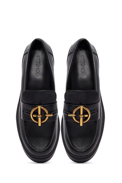 Kadın Siyah Tokalı Kalın Tabanlı Maskülen Loafer