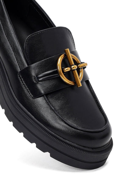 Kadın Siyah Tokalı Kalın Tabanlı Maskülen Loafer