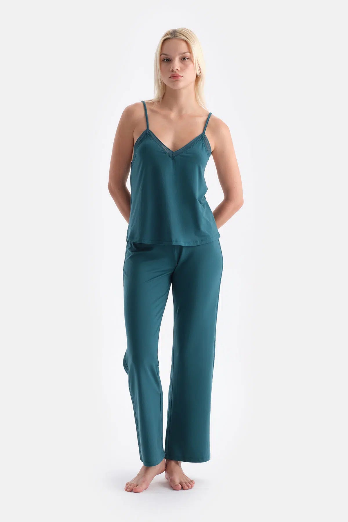 Koyu Yeşil Basıc Yanı Şerit Dantel Detaylı Pantolon