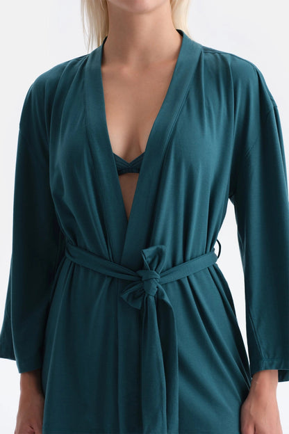 Koyu Yeşil Bağlama Ve Kol Şerit Dantel Detaylı Basıc Sabahlık
