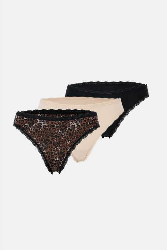 Bej-kahverengi-siyah Kadın 3'lü Desenli Brazilian Külot