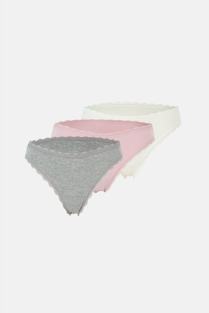 Ekru-gri Melanj-gül Kurusu Kadın 3'lü Desenli Brazilian Külot