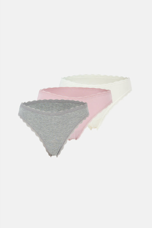 Ekru-gri Melanj-gül Kurusu Kadın 3'lü Desenli Brazilian Külot