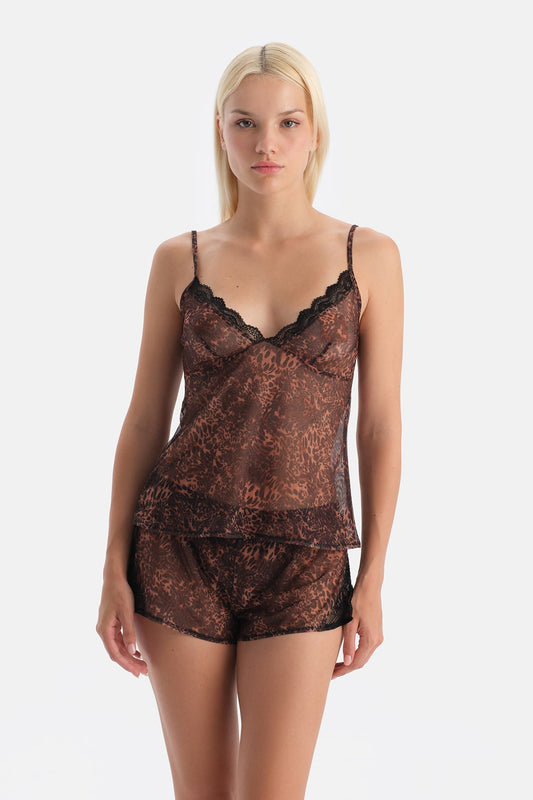 Kahverengi Dantel Detaylı Tül Camisole Takım